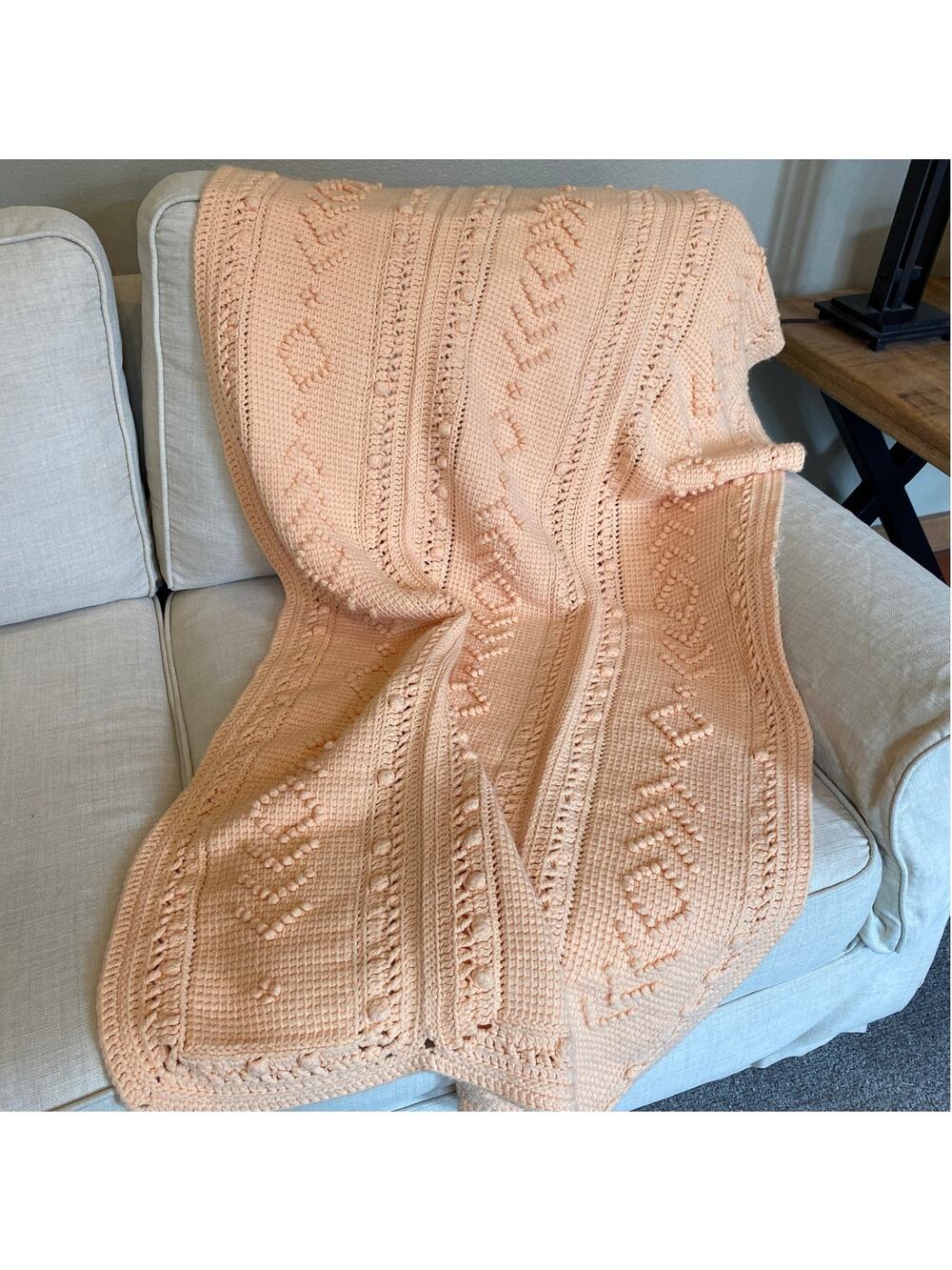 Crocheted Peach Throw Baby Blanket Mixed Stitch 33x30 Scalloped Edge Maker Tag